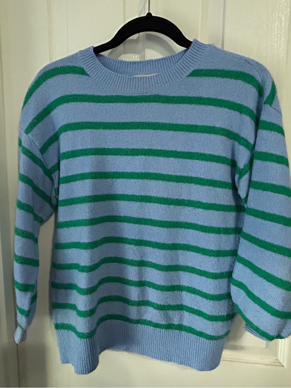 Light Blue and Green Striped Crewneck Sweater - women